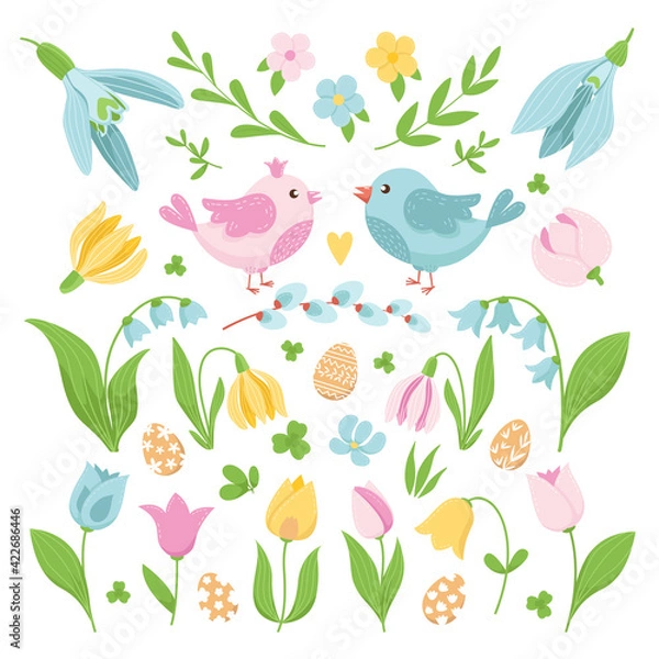 Obraz Spring Easter set. Cartoon birds, flowers, Easter eggs, leaves, buds, grass. Hand drawn flat elements, isolated on white background. Vector illustration. 