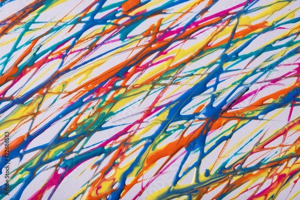 Fototapeta Red and blue lines and splashes drawn on white background. Abstract art backdrop with yellow brush decorative stroke.