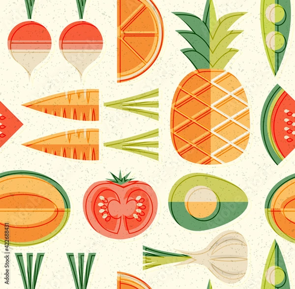 Fototapeta Seamless mid century pattern of fruits and vegetables. For backgrounds, print design, home decor. Healthy food theme. Vector illustration.