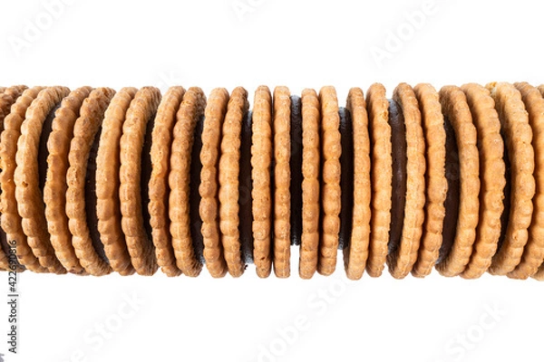 Fototapeta Top view of baked cookies isolated on white background. Desserts with chocolate cookies. Baked chocolate chip cookies isolated.