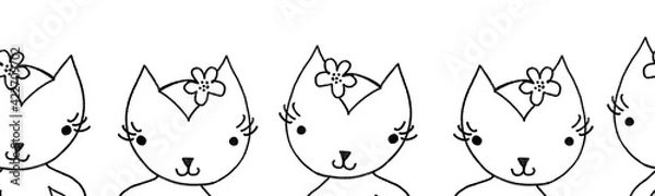 Fototapeta Cats seamless border outline. Repeating horizontal pattern with kitten heads. Cute Kittys black and white line art design for kids cards, ribbon, fabric trim, kids fashion, banner, footer, tapes.