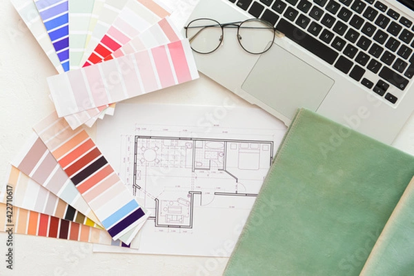 Obraz House plan, color palettes and laptop on light background