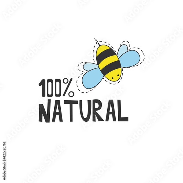 Fototapeta 100% natural product. Bee icon isolated on white background. Beautiful bees life concept for printing, packaging, nectar, honey, textiles and other purposes. Vector illustration