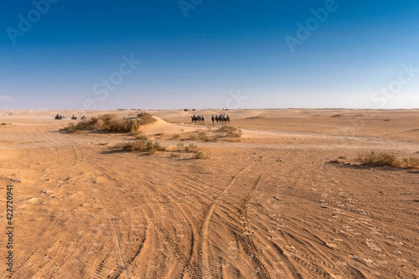 Fototapeta people on camels and quads move into the depths of the Sahara desert,