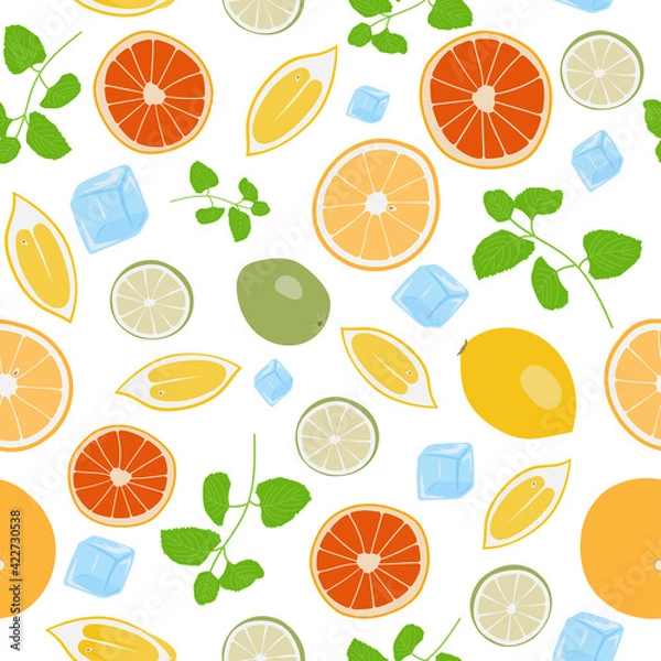 Fototapeta Colorful seamless pattern with lemons, ice-cubes, mint leaves, oranges and grapefruits. Vector
