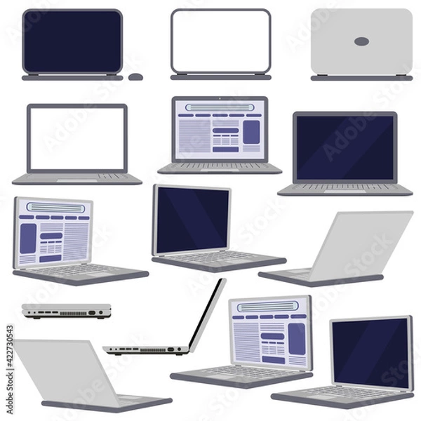 Obraz A laptop. Vector laptop image for your illustrations and web design. Laptop from different sides. The laptop is closed and open. The gadget is on and off.
