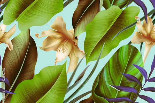 Obraz Colourful Seamless Pattern with tropic flowers and leaves.