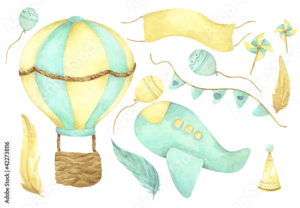 Fototapeta Watercolor flying set. Hand painted hot air balloon, airplane, flags, balloon and feather. Isolated on white background. For design, prints, fabric or background.