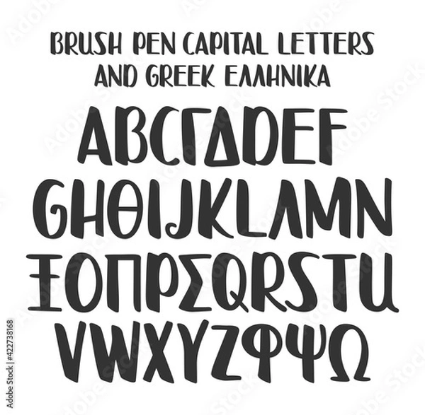 Fototapeta Handwritten alphabet with english and greek characters on white background. Marker pen font. Handwritten marker pen typeface. Vector illustration.