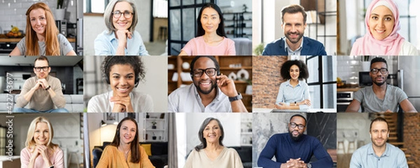 Fototapeta Screensaver with a many diverse people profiles on it. Group of multiracial and multi generation people using app for video meeting online, brainstorming, a lot of employees have video call together