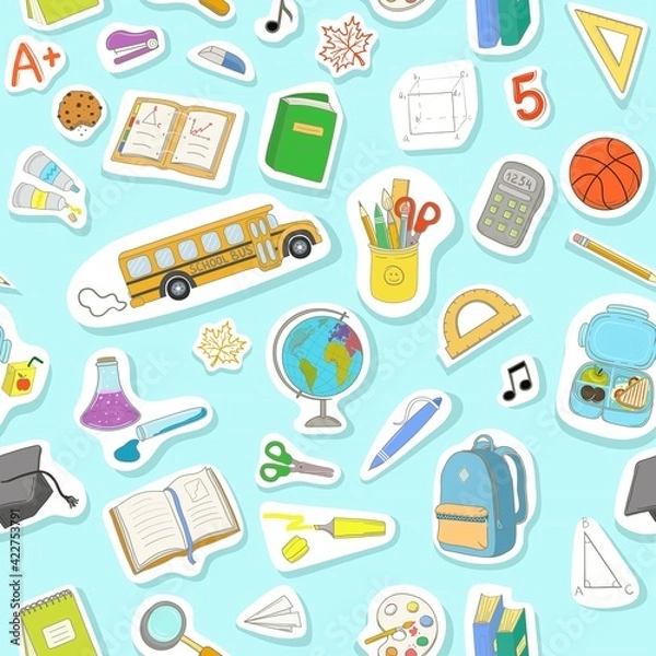 Fototapeta Seamless pattern with hand drawn school supplies and objects. Can be installed in any size without seams. Back to school vector illustration