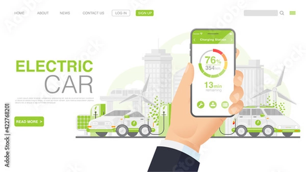 Fototapeta EV Car Or Electric Car At Charging Station. Concept Illustration For Green Environment. Landing Page in Flat Style. Vector EPS 10