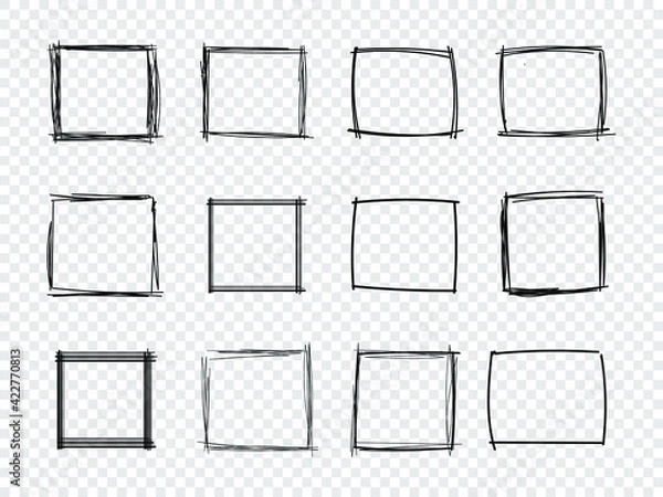 Fototapeta Vector Drawn Scribble Square Frames Isolated on Light Transparent Background, Design Elements Set, Hand Drawn Illustration.