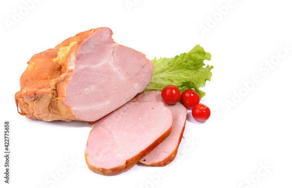 Fototapeta A piece of smoked pork loin. Pork isolated on a white background.