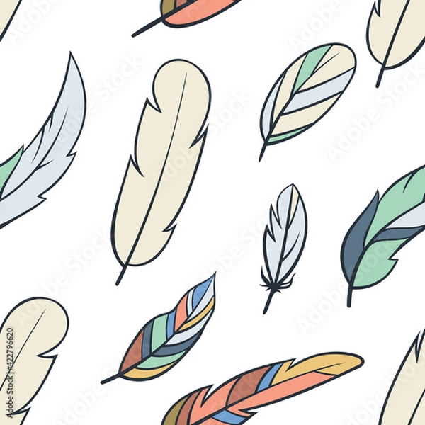 Fototapeta Hand-drawn Boho style feathers, seamless background. Hippie style. Colored. Isolated on a white background.