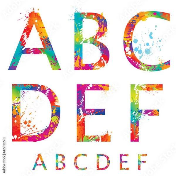 Obraz Font - Colorful letters with drops and splashes from A to F.