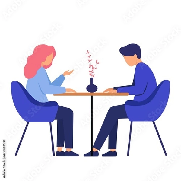 Fototapeta The girl and the guy are sitting at the table. The woman and the man communicate. Characters in cartoon style.