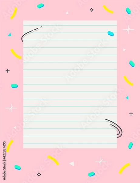 Fototapeta Empty blank page with decorative frame 80s 90s pattern.Geometric elements, stripes.Pastel palette pink. Modern print for notebooks, stationary, letters, message. Memphis graphic design style. Vector