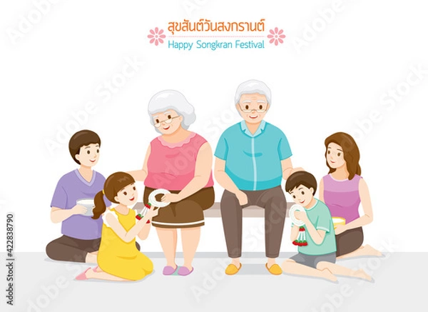 Fototapeta Offspring Giving Flower Garland And Paying Respect To Elders And Ask For Blessing, Tradition Thai New Year, Suk San Wan Songkran (Translate-Happy Songkran Festival)
