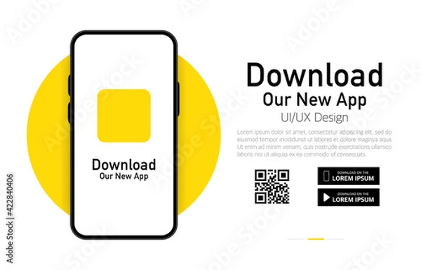 Fototapeta Download our app advertising banner. Phone mockup. App for mobile. UI and UX design. Vector illustration.