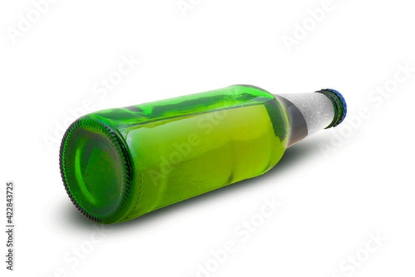 Fototapeta green beer bottle with label isolated on white background