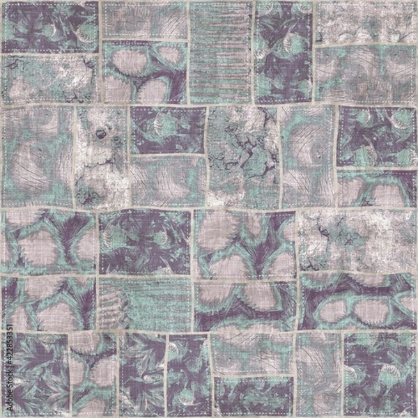 Obraz Seamless patchwork collage mix quilt pattern print. High quality illustration. Random selection of small rectangular fabric patterns stitched together digitally into a seamless pattern for print.