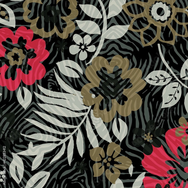 Obraz Beach vector seamless pattern. Tropical leaves. Jungle foliage illustration. Exotic plants. Summer beach floral design. 