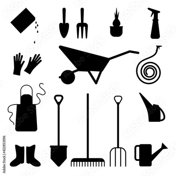 Obraz Set of various gardening items. Gardening icon. Watering can, apron, shovel, wheelbarrow, dig, gloves, boots, rake, watering hose.