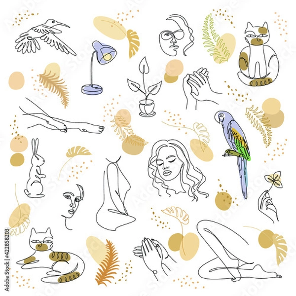 Fototapeta Collection. Silhouette of lady, cat, bird and leaves in modern one line style. Solid line, outline for decor, posters, stickers, logo. Set of vector illustrations set.