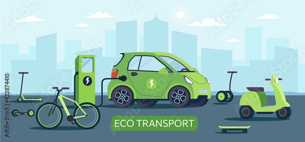 Obraz Environmentally friendly transport powered by renewable energy sources. Electric car at charging station against the background of city, gyroboard, bicycle, scooter, scooter,skateboard.Vector vehicles