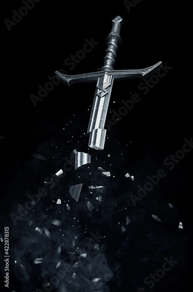 Obraz Broken metal sword on a dark background. 3d render