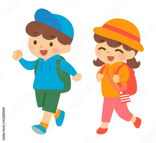 Fototapeta ピクニックや遠足で歩く男の子と女の子