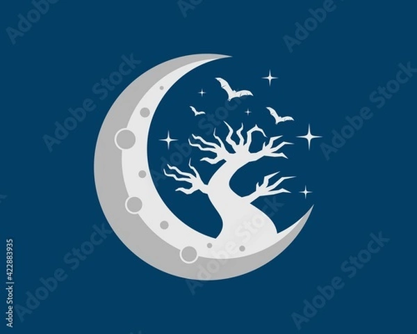 Obraz Crescent moon with trunk tree and flying bat