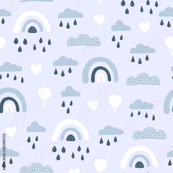 Fototapeta Seamless pattern with cute airballoon,rainbow with hand drawn elements.