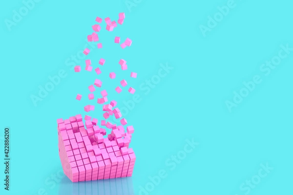 Fototapeta Abstract creative modern pastel pink and blue 3D background a three-dimensional cube lying on its side and exploding small cube particles flying out of it. 3d illustration