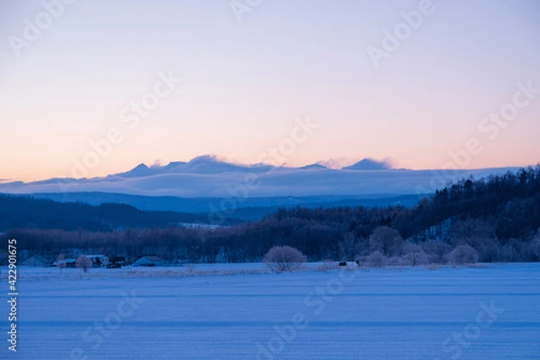 Fototapeta 冬の当麻町の風景 夜明け前の大雪山