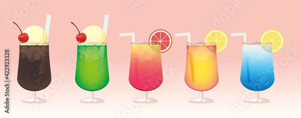 Obraz クリームソーダ・コーラフロート・トロピカルドリンクのイラストセット
