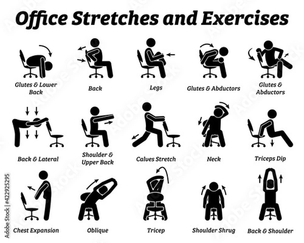 Obraz Working office stretches and exercises to relax tension muscle. Vector illustrations depict techniques and postures of a man stretching with an office chair at workplace.
