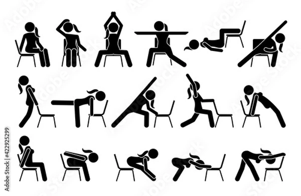 Obraz Chair yoga exercises stick figure pictogram icons. Vector illustrations of chair yoga postures, poses, and workout for beginners.