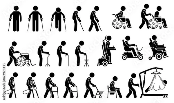 Obraz Mobility aids medical tools and equipment stick figure pictogram icons. Artwork signs symbols depicts man walking with crutches, wheelchair, cane, electric wheelchair, power scooter, and walker.