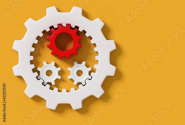 Fototapeta Small red and white connecting gear cogs inside big white cog isolated on yellow background; planet gear system; internal gear and pinion; flat lay, close up, copy space; 3d rendering, 3d illustration
