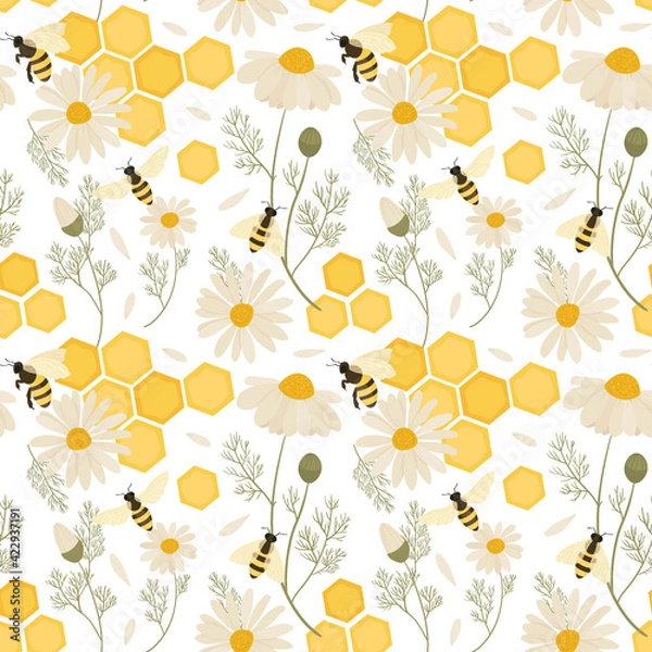 Obraz Seamless pattern with bees. Vector hand draw illustration.