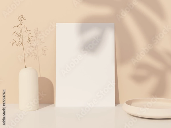Fototapeta Empty A4 frame on modern boho scenery with shadow