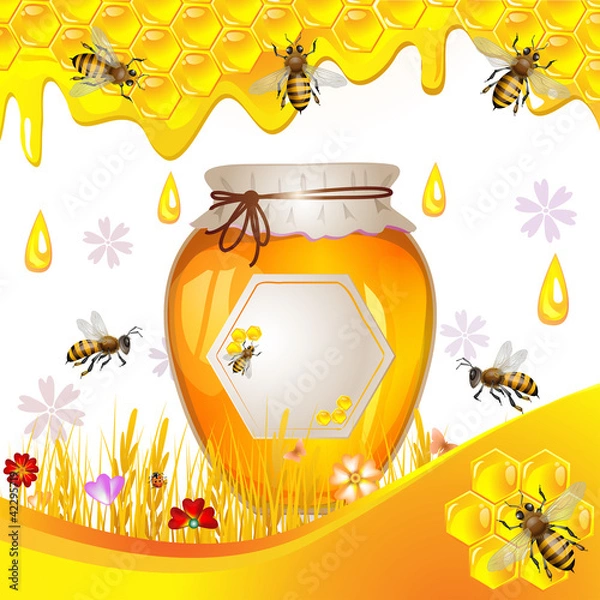 Obraz Floral background with honey and bees