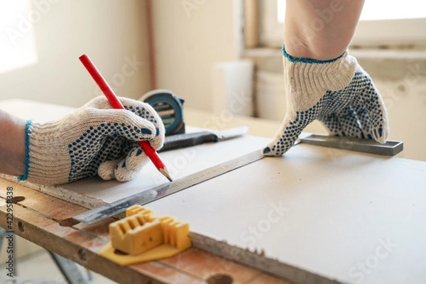 Obraz Builder measures and marks drywall sheet