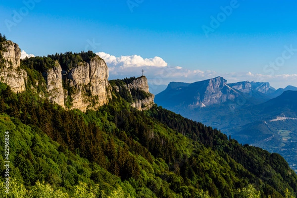 Obraz Summer beautiful mountain view. France, croix du Novolet. A big cross on top of the mountain.