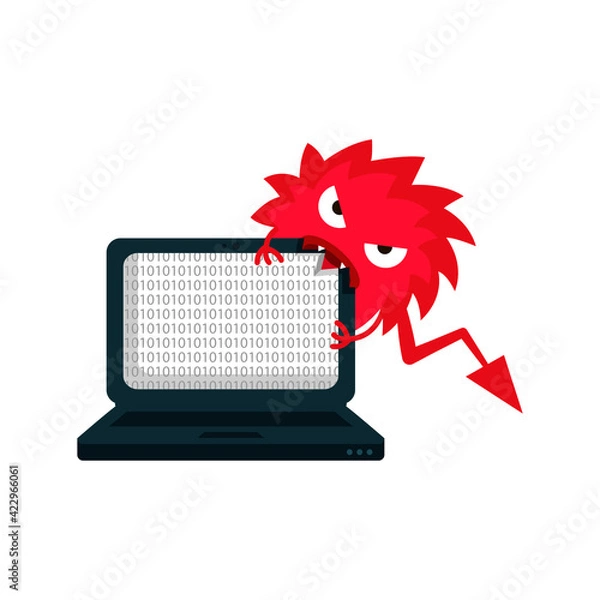 Fototapeta A computer virus attacks a laptop or computer. Vector illustration isolated on white background