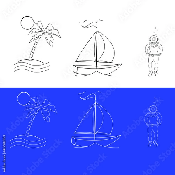 Fototapeta set of nautical icons. palm tree on the island, yacht, diver