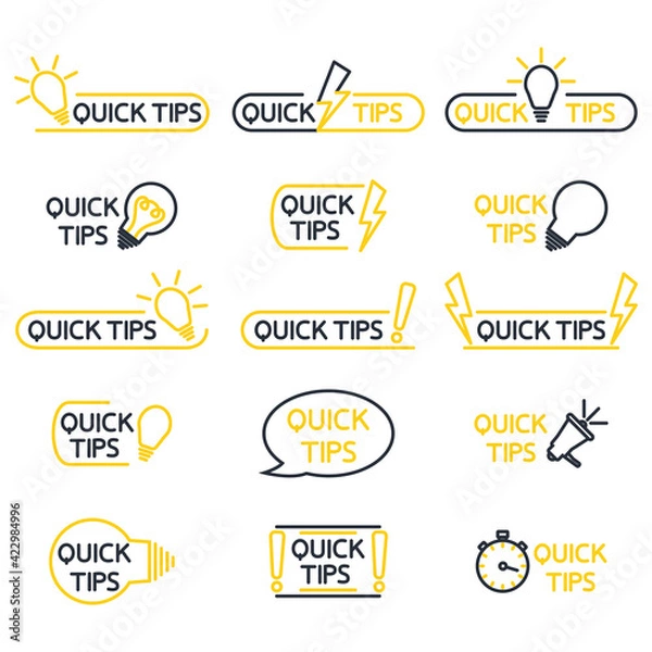 Fototapeta Quick tips, helpful tricks, tooltip, hint for website. Tricks quick tip solution logos helpful advice text shapes. Vector icon of solution, advice. Helpful idea, solution. Editable stroke