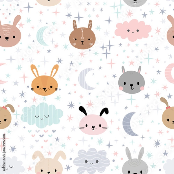 Fototapeta Cute seamless pattern for kids with cartoon little bunnies. Children background with moon, stars and clouds. Lovely animals